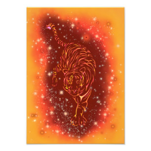 Tiger Fototryck Springande Vid Galaxy Stjärnklar N