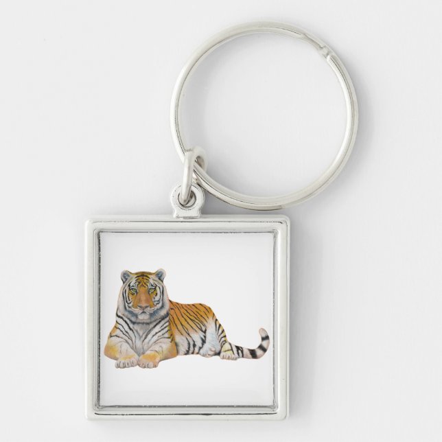 Tiger Fyrkantig Silverfärgad Nyckelring (Framsidan)