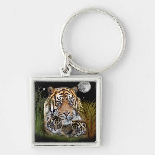 Tiger Fyrkantig Silverfärgad Nyckelring (Framsidan)