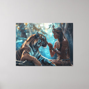 Tiger Goddess - en kvinna i naturen med tiger Canvastryck