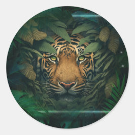 Tiger gömmer sig i lövverk runt klistermärke