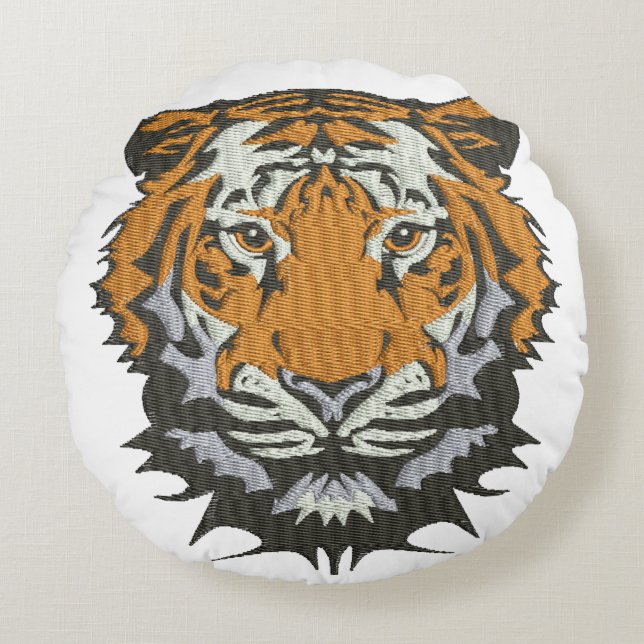 Tiger Head Broderi Imitation ->  Tiger Head Broder Rund Kudde (Framsidan)