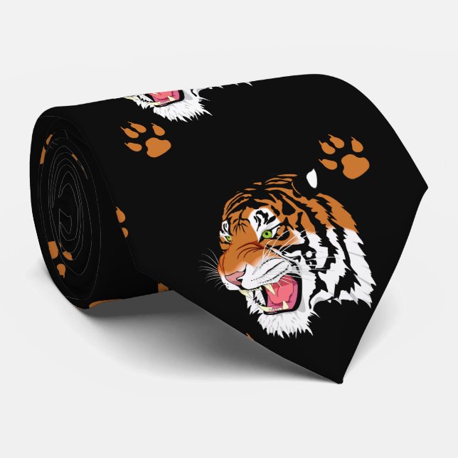 Tiger Head med Tass avtryck på Black Necktie Slips (Rullad)