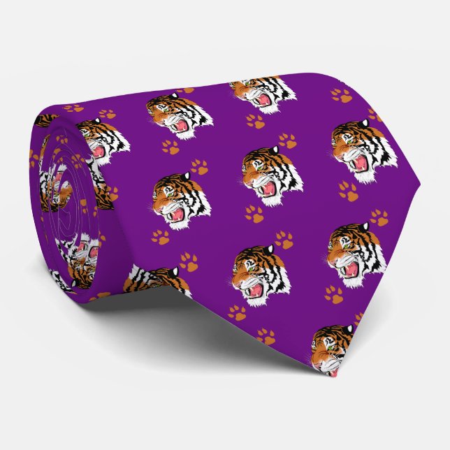 Tiger Head med Tass avtryck på Lila Necktie Slips (Rullad)