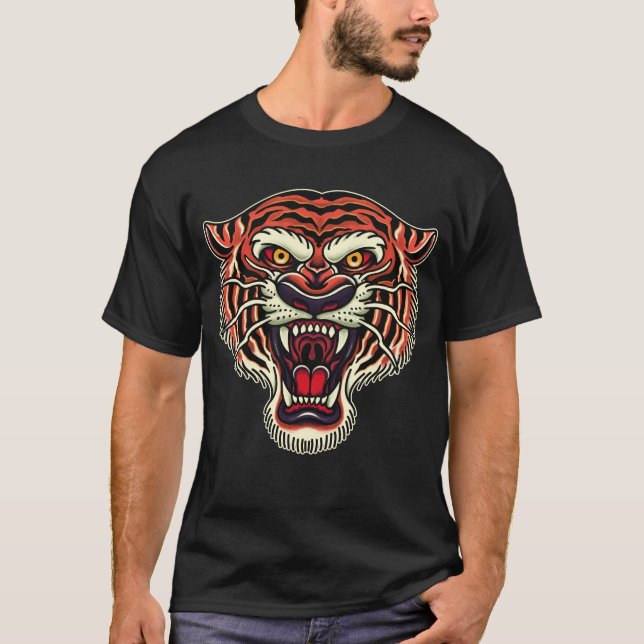 Tiger Head Old school Tattoo Stil T Shirt (Framsida)