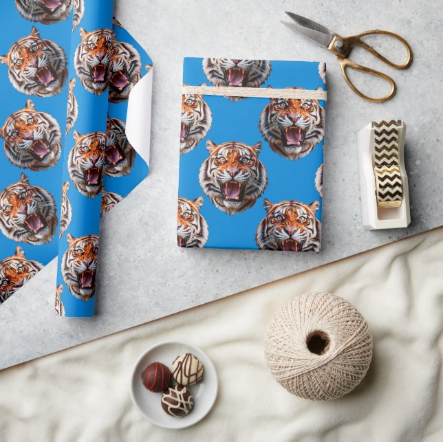 Tiger Head Pattern Design Blue  Presentpapper (Hantverk)
