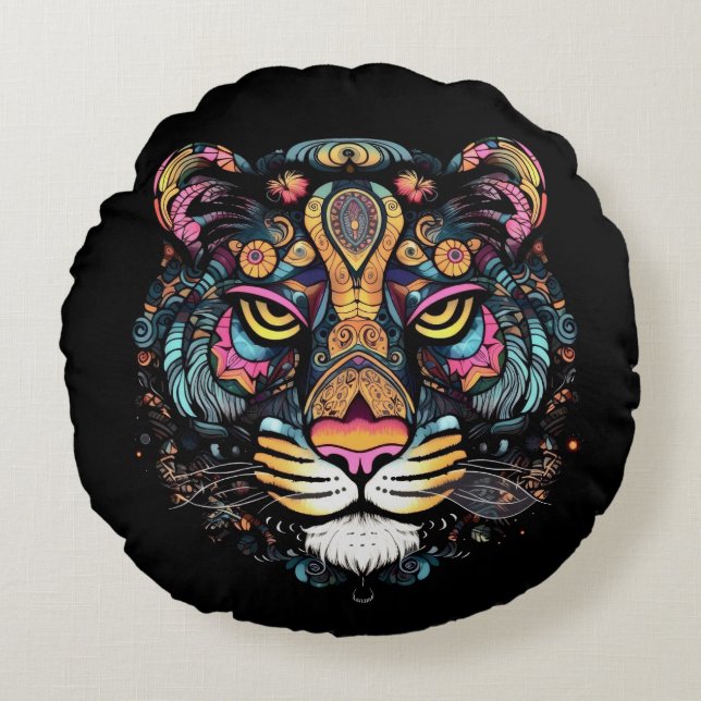 Tiger Head Rund Kudde (Framsidan)