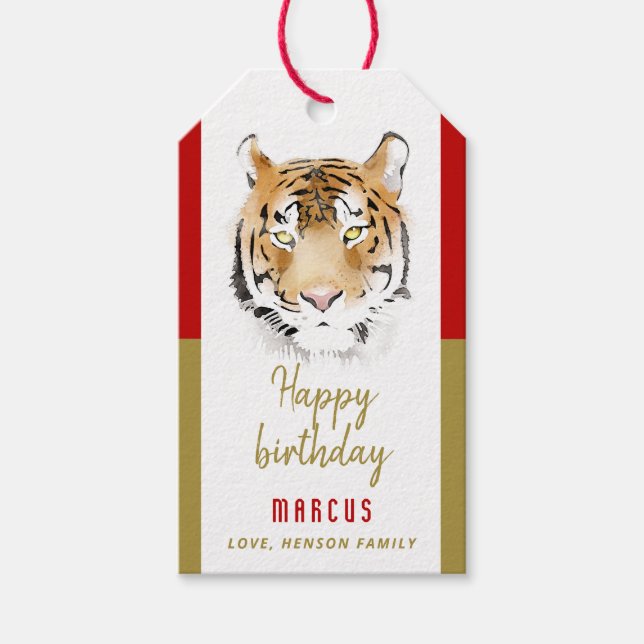 Tiger Head Watercolor Teckning Grattis på födelsed Presentetikett (Framsidan)