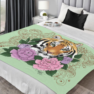 Tiger Henna Rosa Lila blommor Fleecefilt