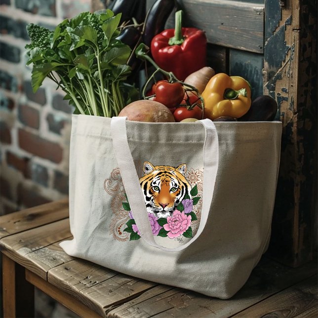 Tiger Henna Rosa Lila blommor Jumbo Tygkasse (Skapare uppladdad)