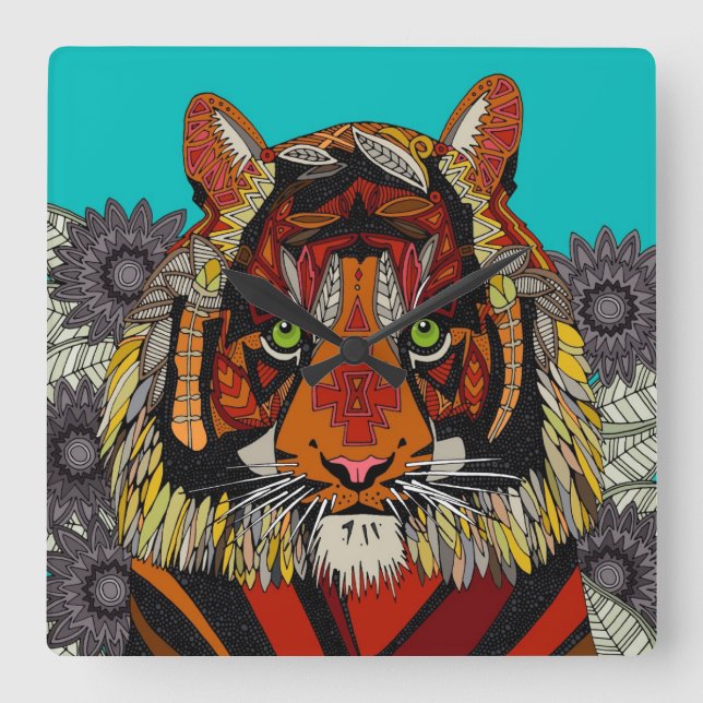 tiger, höggradig turkos fyrkantig klocka (Framsida)