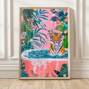 Tiger i badkar konsttryck, badrumsväggkonst, Tig Poster