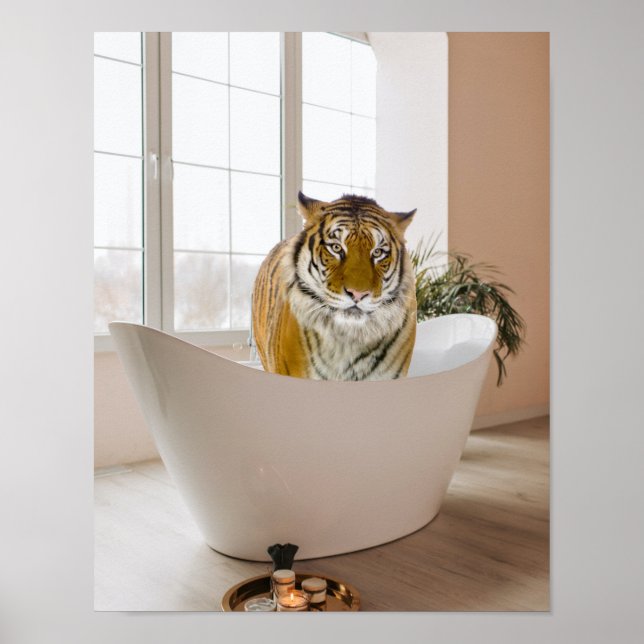 Tiger i Bathtub Black White Bathroom-konsten Poste Poster (Framsidan)