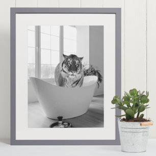 Tiger i Bathtub Black White Bathroom-konsten Poste Poster