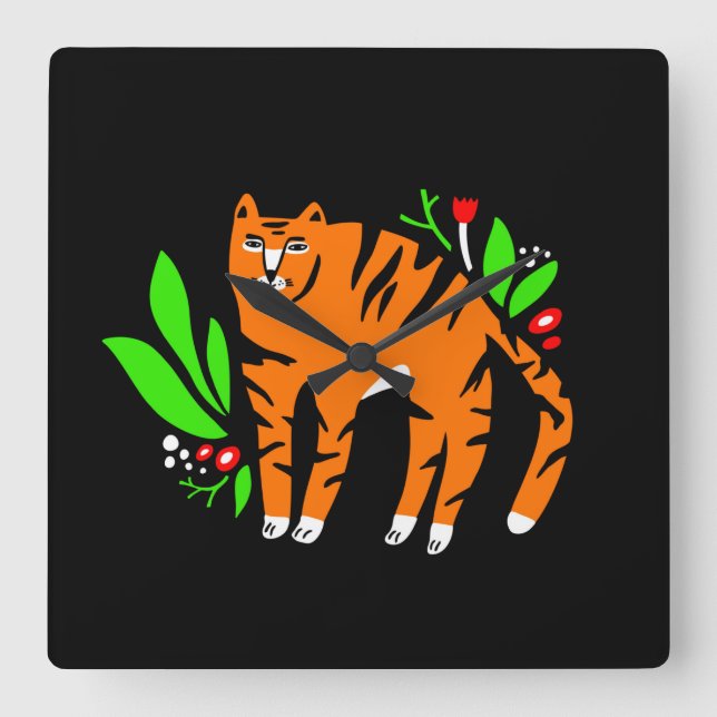 Tiger i blommor fyrkantig klocka (Framsida)