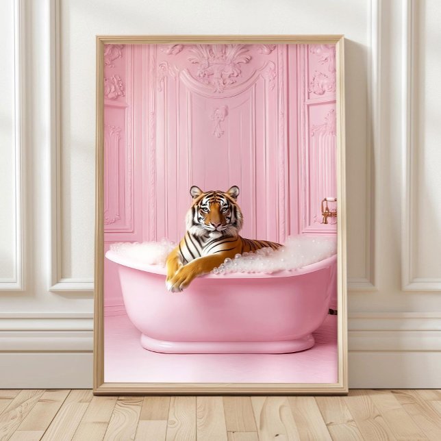 Tiger i ett badkar Rosa tryck Badrum Väggkonst Fu (Skapare uppladdad)