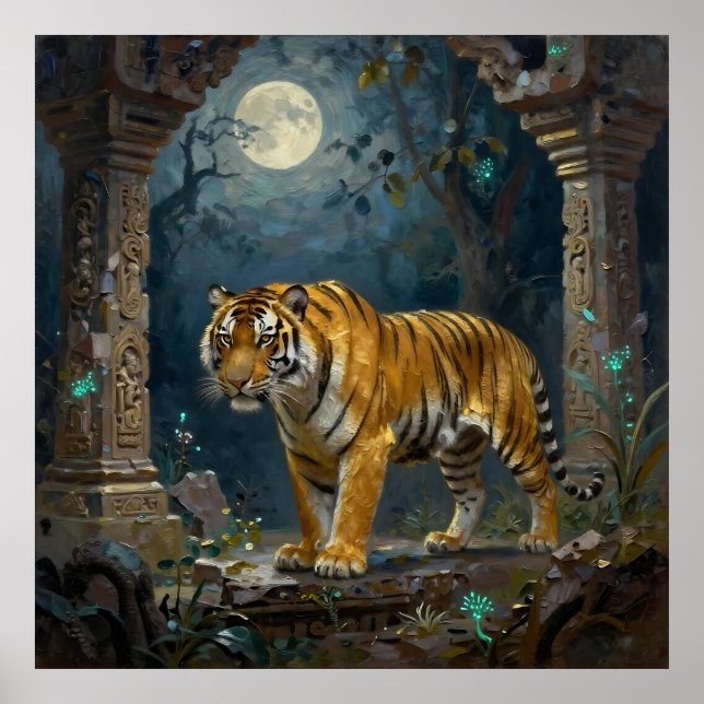 Tiger i gamla dyner under fullmånen poster (Framsidan)