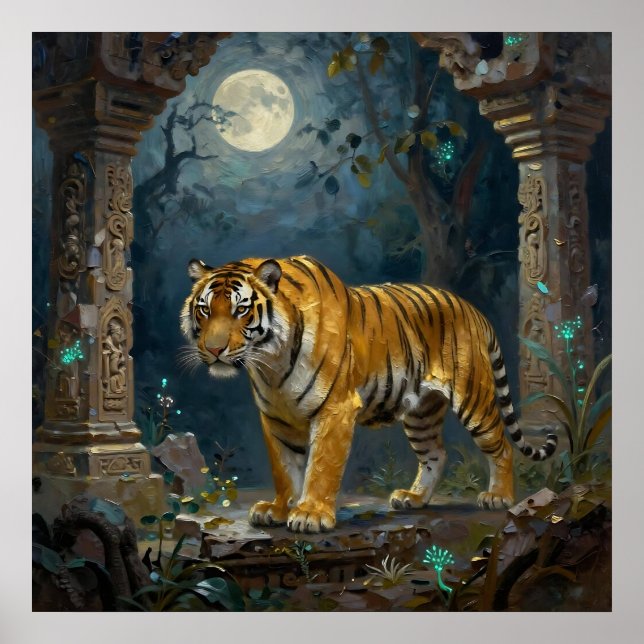 Tiger i gamla sanddyner under fullmånen poster (Framsidan)