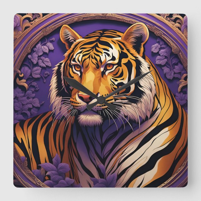 Tiger i lila fyrkantig klocka (Framsida)