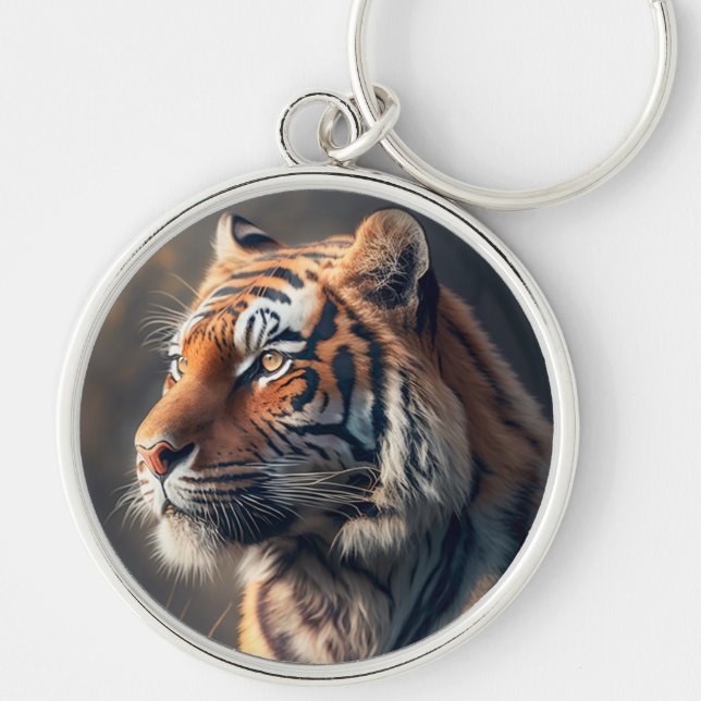 Tiger i rund nyckelkedja för natur silverfärgad nyckelring (Framsidan)
