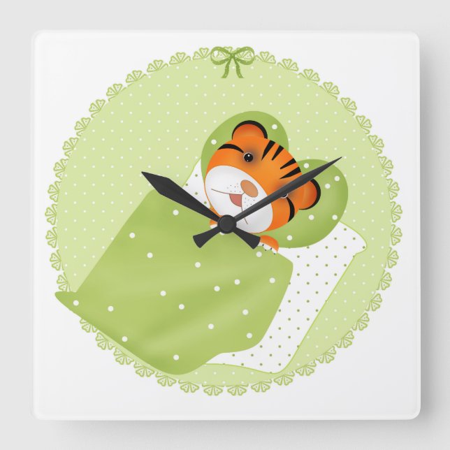 Tiger i sängillustration - barnslig skrift fyrkantig klocka (Framsida)