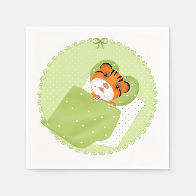 Tiger i sängillustration - barnslig skrift pappersservett (Framsidan)