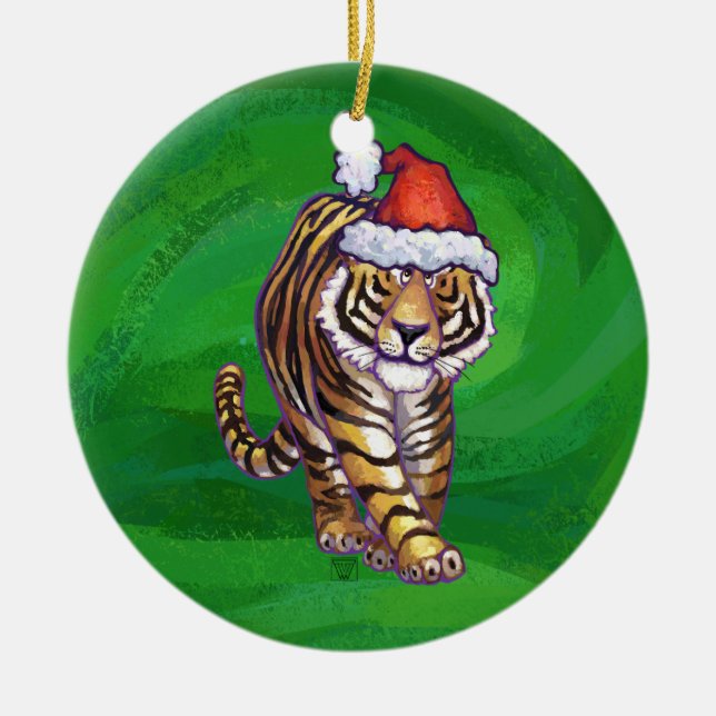 Tiger jul på Grönt Julgransprydnad Keramik (Framsidan)