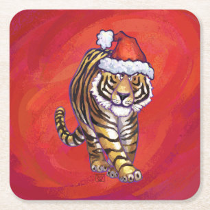 Tiger jul på Red Underlägg Papper Kvadrat