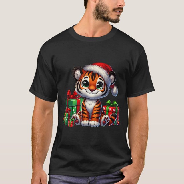 Tiger Julafton Lighting Santa Hat Tiger jul T Shirt (Framsida)