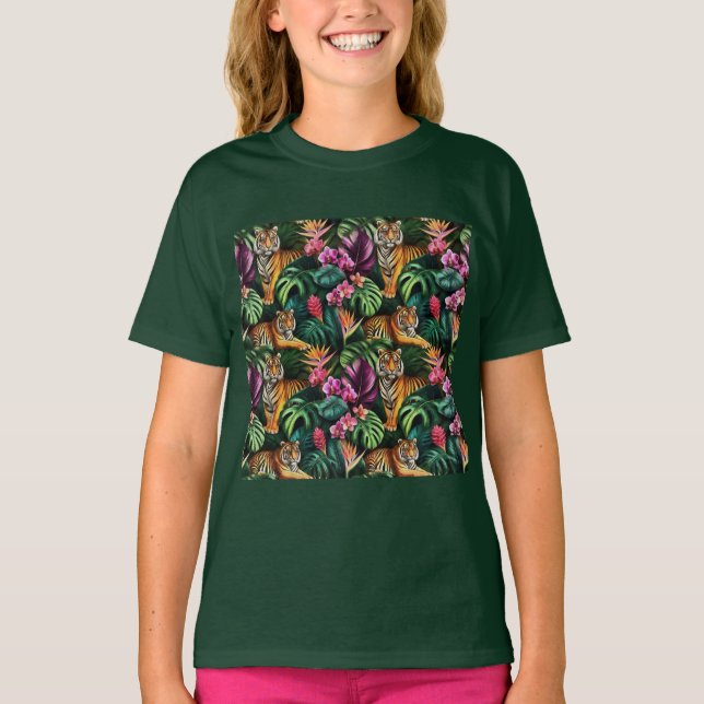 Tiger Jungle Drömmar Sömlös Ytmönster T Shirt (Framsida)