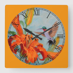 Tiger Lilies & Hummingbird Fine Art Roman Numeral Fyrkantig Klocka