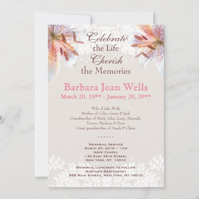 Tiger Lily Memorial Service - meddelande Inbjudningar (Framsida)