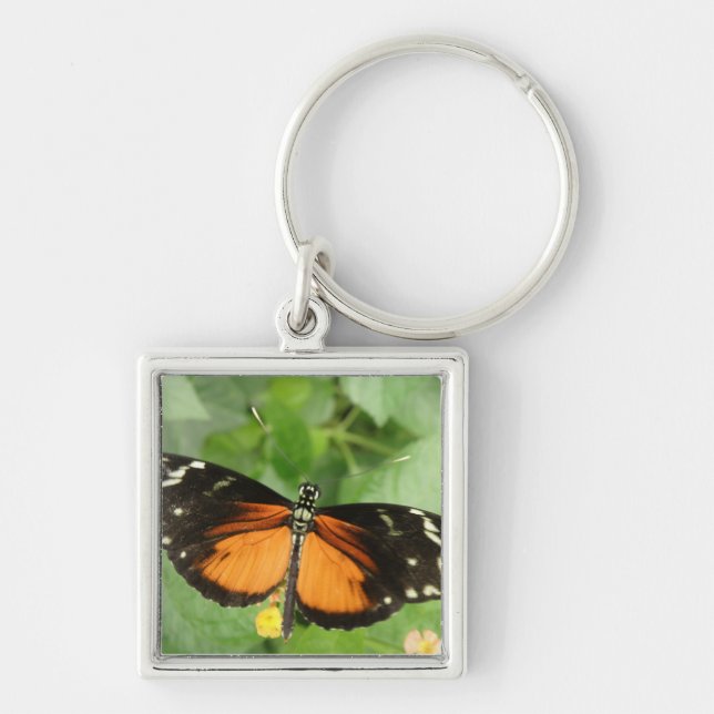 Tiger Longwing Butterfly Keychain Fyrkantig Silverfärgad Nyckelring (Framsidan)