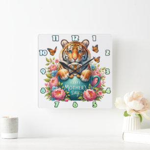Tiger Mamma: Baby, Flowers, Mors dag Fyrkantig Klocka