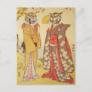 Tiger Man och Wife Japansk Skriv ut par Vykort