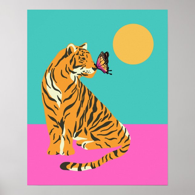 Tiger med Butterfly Funky Art-utskrift Poster (Framsidan)