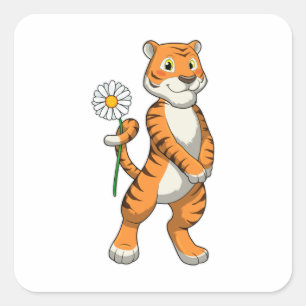 Tiger med Daisy Flower Fyrkantigt Klistermärke