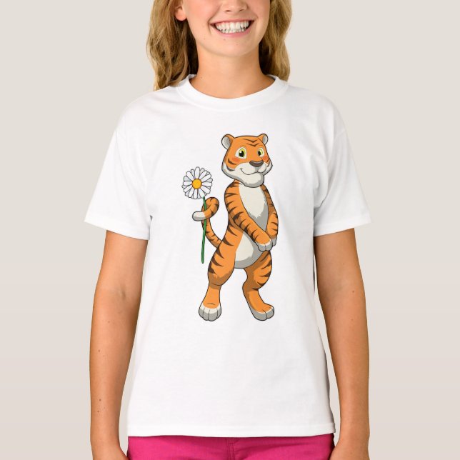 Tiger med Daisy Flower T Shirt (Framsida)
