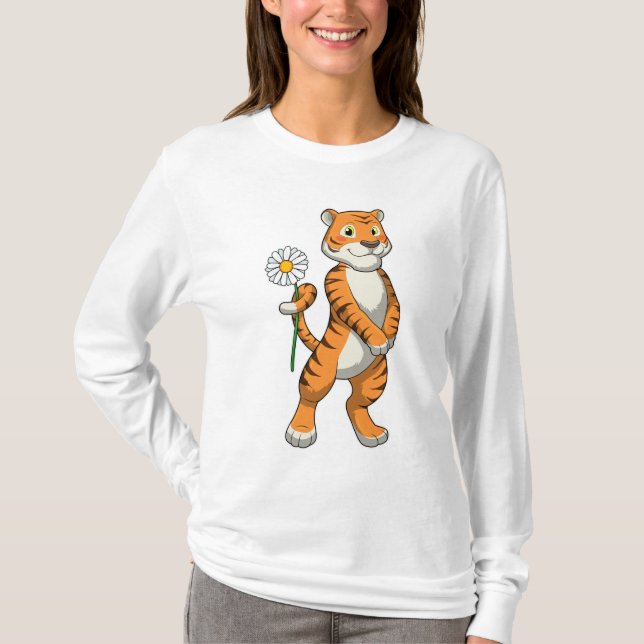 Tiger med Daisy Flower T Shirt (Framsida)