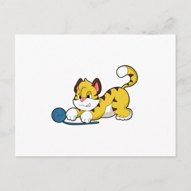 Tiger med ullgarnboll vykort (Framsida)