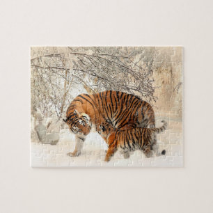 Tiger med unge i Snö Pussel
