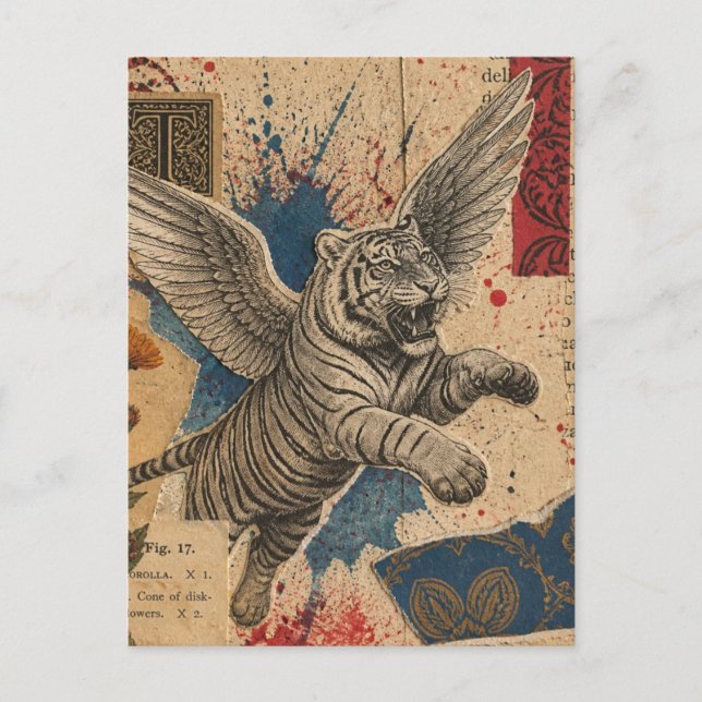 Tiger med vingar mixed media collage vykort (Framsida)