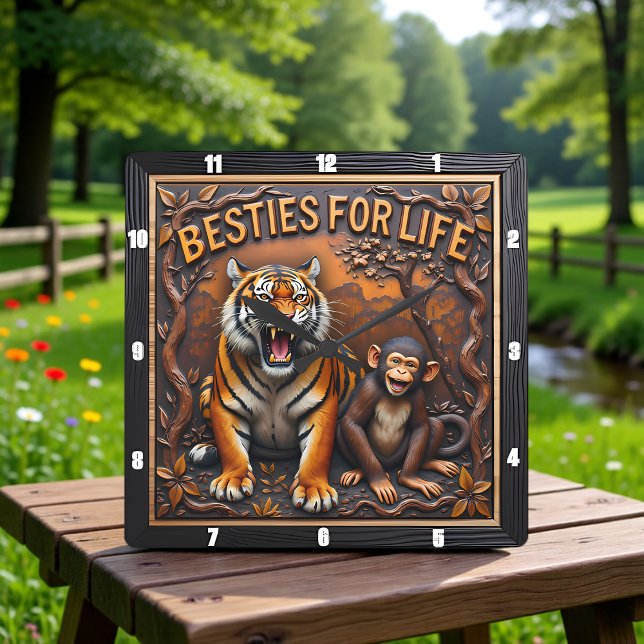 Tiger Monkey Besties Jungle Fyrkantig Klocka (Skapare uppladdad)