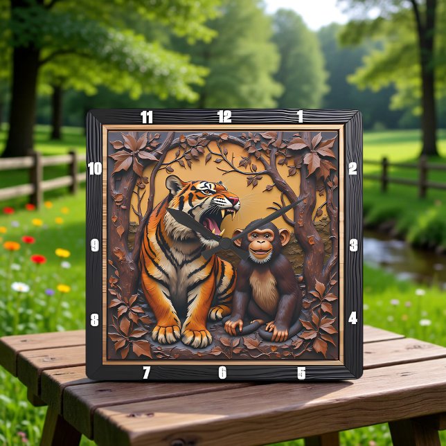 Tiger Monkey Jungle Carved Fyrkantig Klocka (Skapare uppladdad)