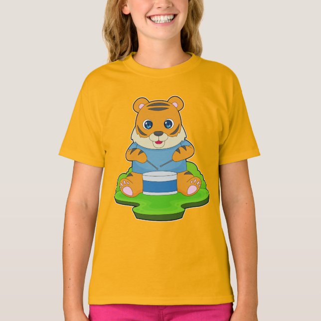 Tiger Musician Drum Music T Shirt (Framsida)