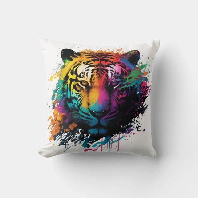 Tiger Neon Bläck Stänk Kudde (Framsida)
