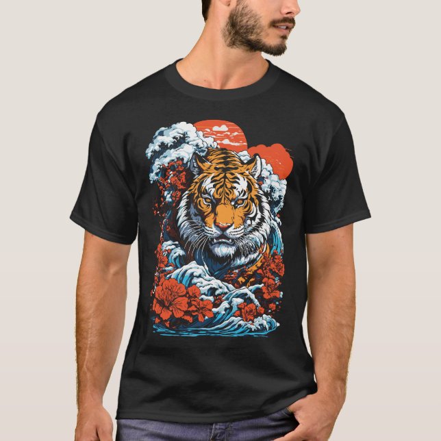Tiger Oceanen 1 Japansk Stil Black T Shirt (Framsida)