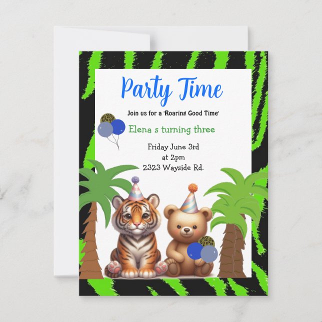 Tiger och Bear Jungle Theme Birthday Call Inbjudningar (Framsida)