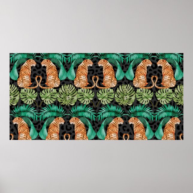 Tiger och Löv i vattenfärgen Sömlös Mönster Poster (Framsidan)