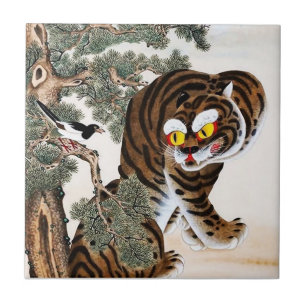 Tiger och Skata Minhwa under Tall Kakelplatta